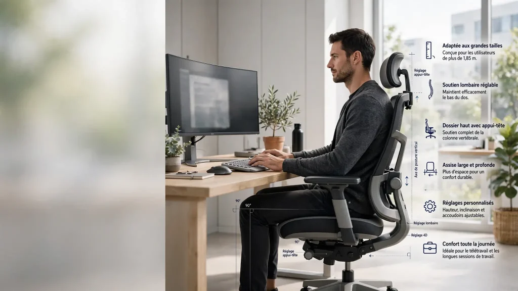 chaise XXL dossier haut avec appui-tête et accoudoirs 4D pour grande personnes 