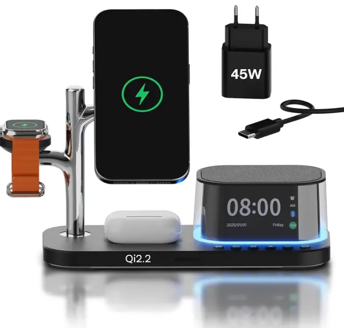 idee cadeau Chargeur sans Fil 5-en-1 avec Réveil Haut-Parleur Bluetooth & Veilleuse LED