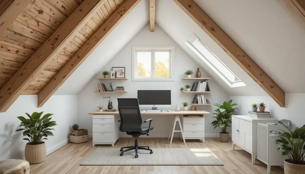 Bureau à domicile moderne et chaleureux aménagé sous des combles 