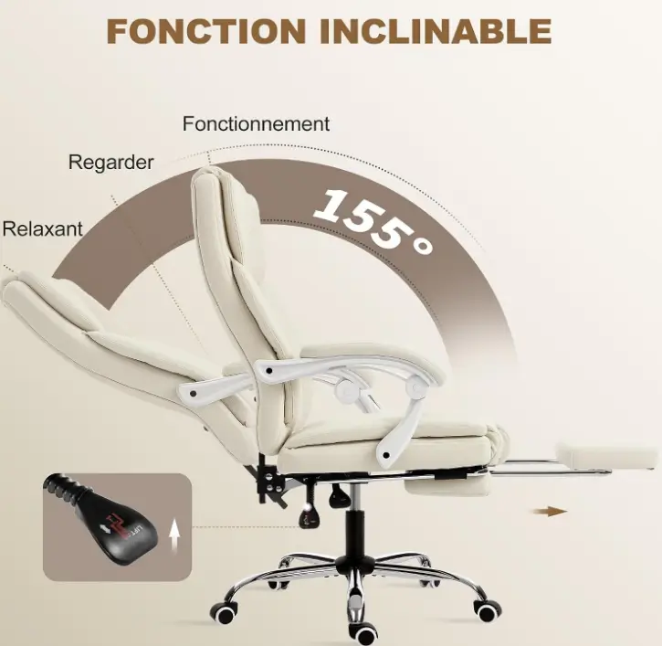 HOMCOM Chaise Bureau Dossier Inclinable & Repose-Pieds Beige